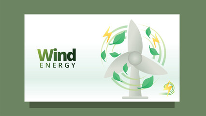 wind energy concept. wind mill with leafs. modern clean style screen size template for web or presentation vector illustration
