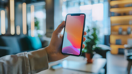 a hand holding a smartphone with a digital banking app interface, modern office background blurred, clean UI, vibrant screen, space for branding and slogan, 16:9 format