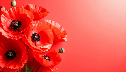 Poppy flowers close up on blurred soft red background, with space for text