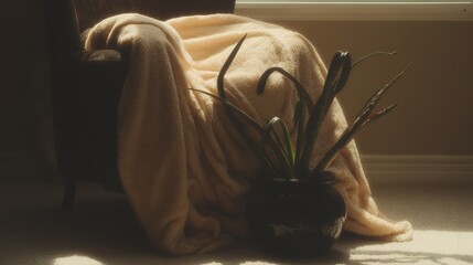 Soft, Neatly Folded Blanket Rests on a Chair Beside a Potted Plant in Warm, Natural Light