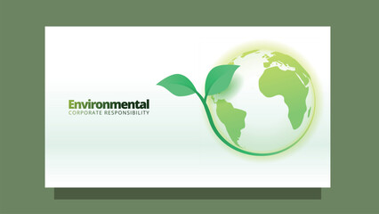 environmental corporate responsability concept. earth globe with green leaf. modern clean style screen size template for web or presentation vector illustration
