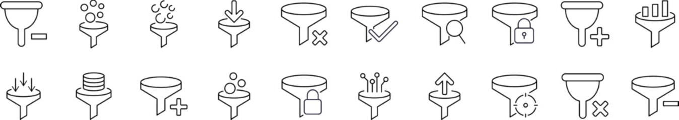Pack of Filter Related Line Icons. Funnel or Vortex Outline Signs for Graphic and Web Design, Apps, Adverts, Various Cards