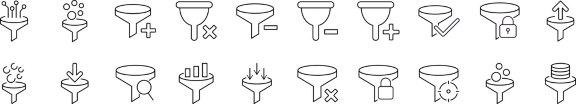 Collection of Filter Related Line Icons. Funnel or Vortex Outline Signs for Graphic and Web Design, Apps, Adverts, Various Cards