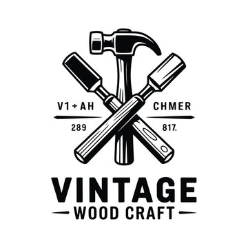 Vintage wood craft logo with chisel and hammer elements vector isolated black and white for traditional woodworking branding