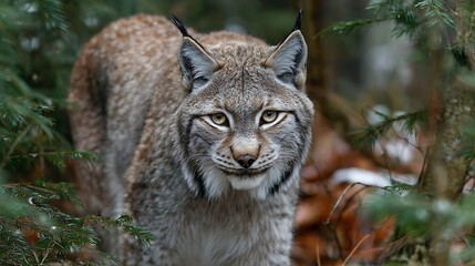 Fototapeta premium A majestic lynx with striking facial markings emerges from dense green foliage in a forest setting