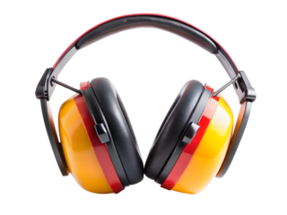 Yellow and red striped earmuff hearing protection headphones isolated on transparent background