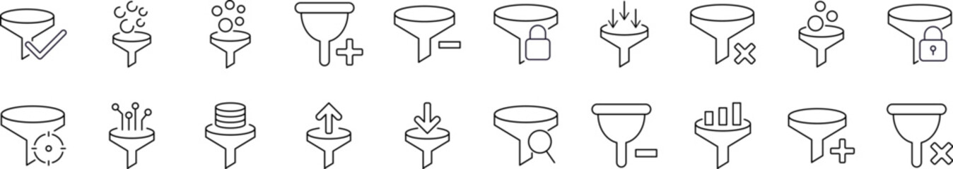Filter Thin Line Icon Set. Funnel or Vortex Outline Signs for Graphic and Web Design, Apps, Adverts, Various Cards