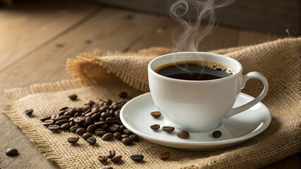 Cup of coffee with heart shape smoke and coffee beans on burlap sack on old wooden background