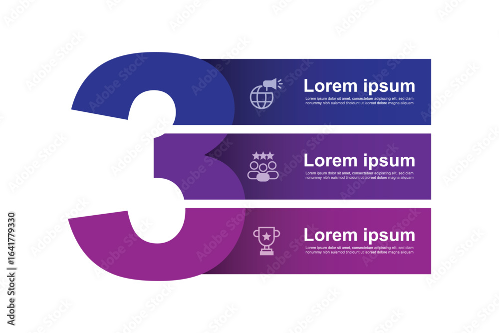 Wall mural 3 step infographic template. vector graphic information or presentation with icons and number three 