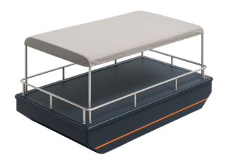 Covered landing barge with canvas canopy and side railings