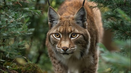 Obraz premium Intense gaze of a lynx emerging from dense green forest foliage