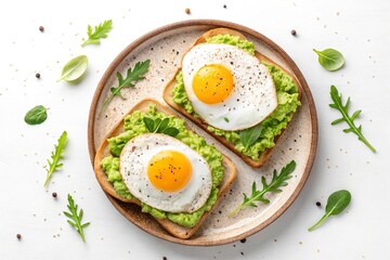 Two avocado toast with fried eggs isolated on white background