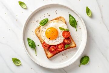 Delicious egg toast with tomatoes and basil isolated on white background