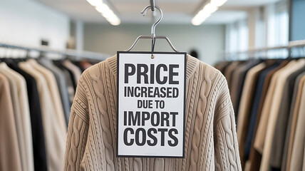 a clothing rack in a modern fashion store with a rectangular price tag that reads 'Price Increased Due to Import costs, Clothes hanging for sale in Shopping Mall, created with generative ai