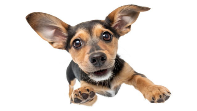 Cute small dog puppy with big ears looking at camera isolated on transparent background