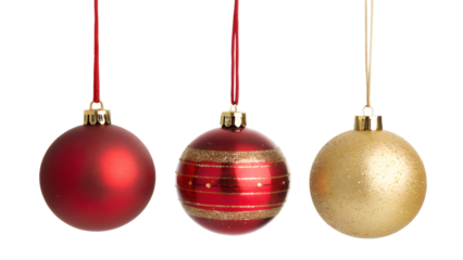 Three christmas ornaments red and gold hanging isolated on transparent background