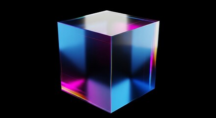 Abstract Glowing Cube on Black Background  Neon Light Effect Digital Art Stock Photo for Website or Presentation Design