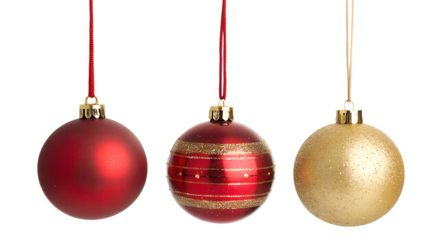 Three christmas ornaments red and gold hanging isolated on transparent background