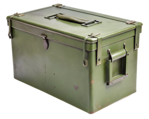 Vintage green metal ammunition storage box with handle and clasps, isolated on transparent background