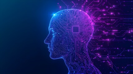 A computer generated technological image of a head with a brain 