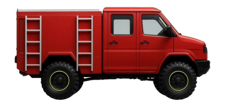 All-terrain fire vehicle with extended cab and external ladders on both sides