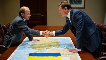 A diplomatic handshake between representatives of Russia and the United States over the map of Alaska state​ with flag of Ukraine under the handshake.