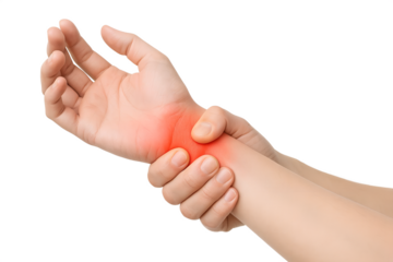 Close-up of a person holding their wrist in discomfort, showing wrist joint pain concept, isolated on white background. Medical, healthcare, injury, arthritis, and physiotherapy theme.