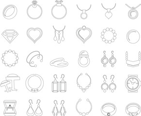 Woman's jewelry icon set elegant vector of rings, neckless, bangles, and watches, in minimalist black silhouette style for fashion design accessory branding E-commerce stores luxury boutique for web