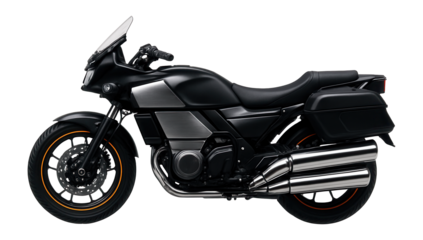 Patrol motorcycle with dual exhaust pipes and a low-profile seat