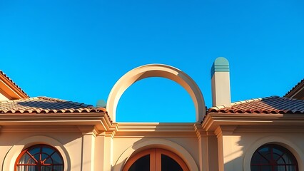 An elegant arched doorway of a luxurious home, framed by a clear blue sky and natural daylight.