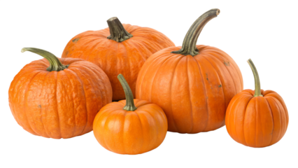Group of five orange pumpkins of various sizes, isolated on transparent background
