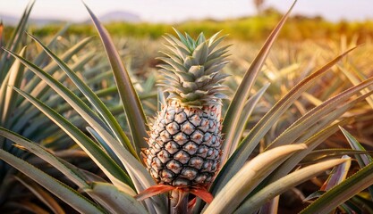 Obraz premium Pineapple in a Field with Green Leaves and Mountains in the Background