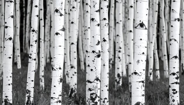 Monochromatic close-up of numerous aspen tree trunks, showing their distinct bark and patterns, set against a slightly visible ground cover - Powered by Adobe