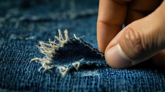 Close-up of hand pulling frayed blue fabric threads
