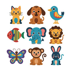 Fototapeta premium Collection of cute cartoon animals, including a cat, dog, elephant, lion, butterfly, and rabbit, isolated on a white background