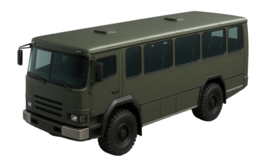 Armored personnel carrier bus with reinforced steel body panels and bulletproof windows