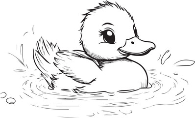 Coloring for kids, little duck on the water, vector.