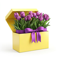 Obraz premium Yellow gift box filled with purple tulips and green leaves tied with a purple ribbon