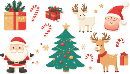 Fototapeta premium Collection of Christmas elements including Santa Claus tree reindeer gifts and candy canes