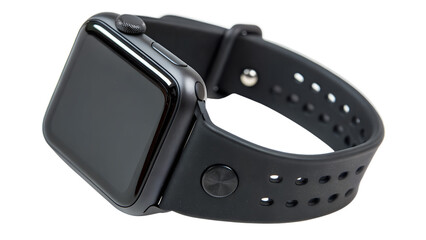 Black smartwatch with a black silicone strap, isolated on transparent background