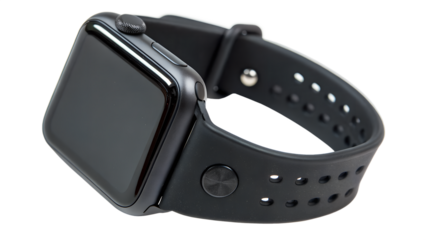 Black smartwatch with a black silicone strap, isolated on transparent background