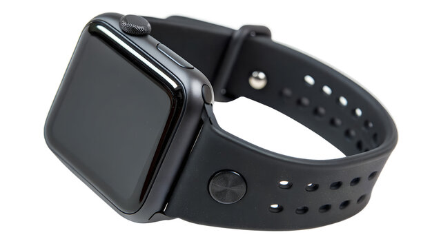 Black smartwatch with a black silicone strap, isolated on transparent background
