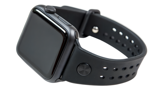 Black smartwatch with a black silicone strap, isolated on transparent background