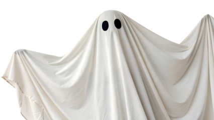 A person in a white sheet costume with black eyes, representing a ghost, isolated on transparent background