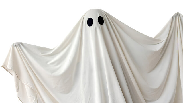 A person in a white sheet costume with black eyes, representing a ghost, isolated on transparent background