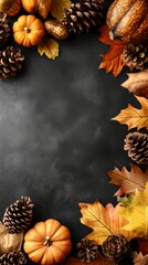 Fototapeta premium Vertical autumn table background with pumpkins leaves cones layout