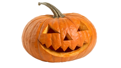 A carved pumpkin with a scary face, known as a jackolantern, isolated on transparent background