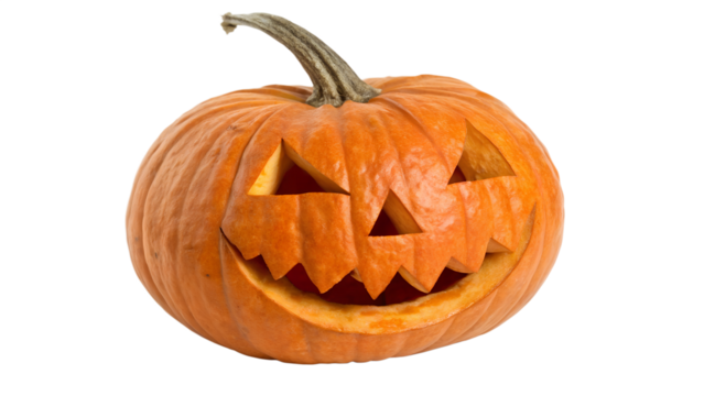 A carved pumpkin with a scary face, known as a jackolantern, isolated on transparent background