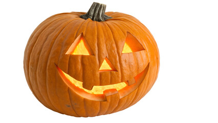 Glowing carved halloween pumpkin jackolantern isolated on transparent background