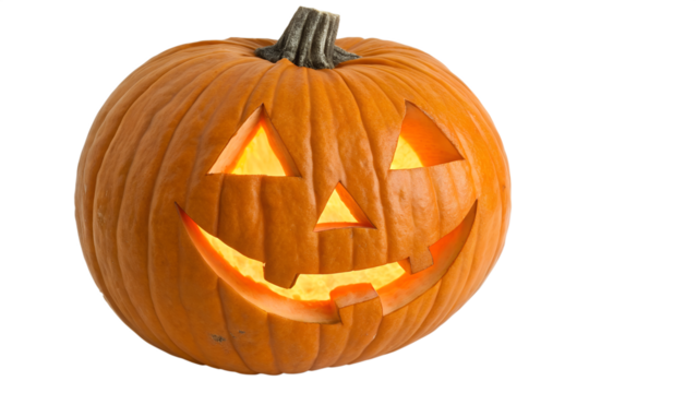 Glowing carved halloween pumpkin jackolantern isolated on transparent background